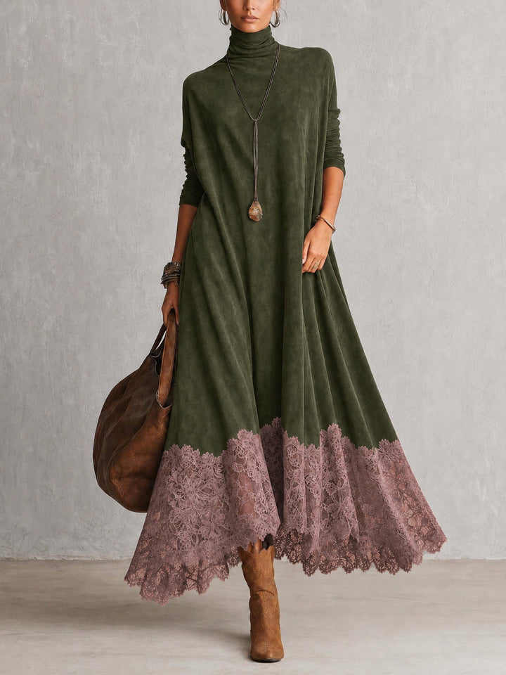 Women's Vintage Suede Maxi Dress for Evening Parties in Green