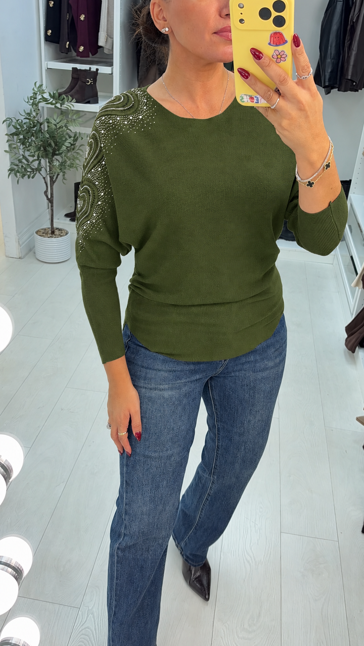 Women's Viscose Jumper Dress with Embellished Sleeve in Khaki
