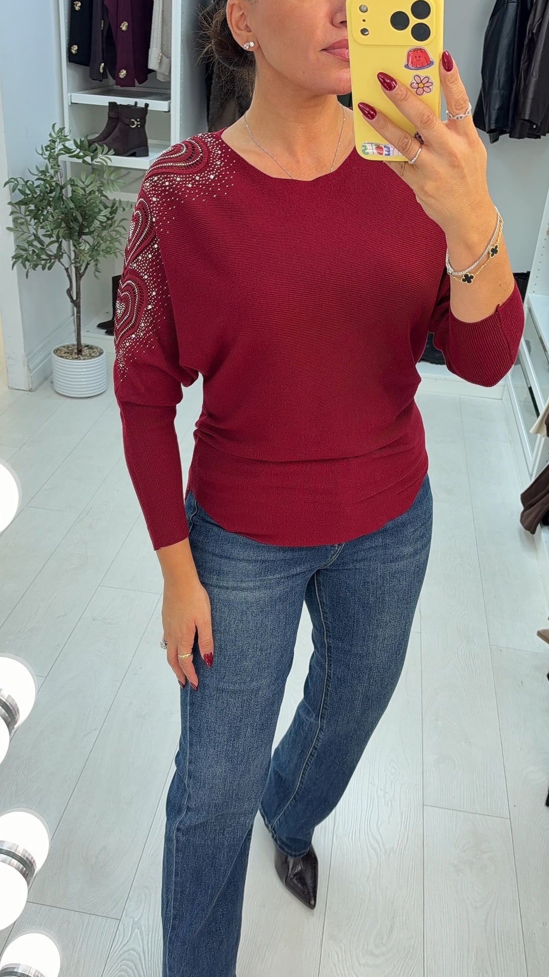 Women's Viscose Jumper Dress with Embellished Sleeve in Wine