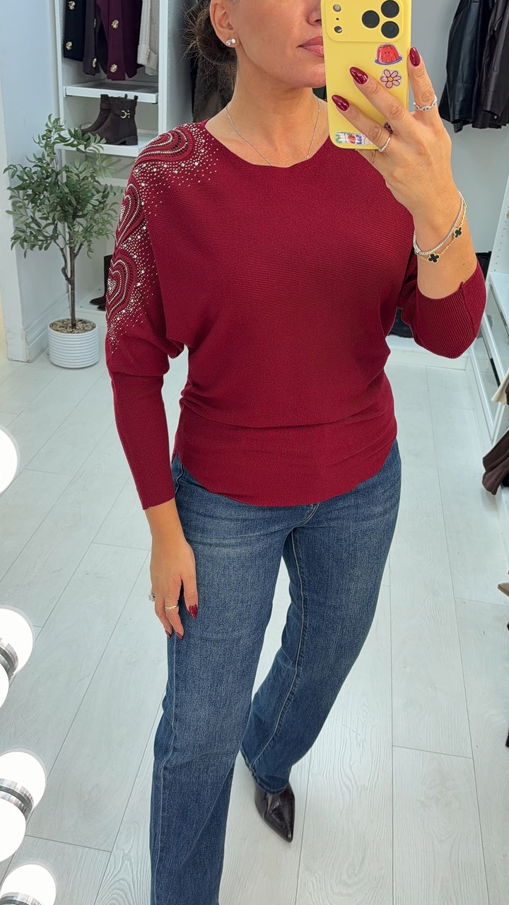 Women's Viscose Jumper Dress with Embellished Sleeve in Wine