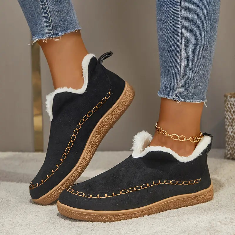 Women's Warm Faux Fur-Lined Slip-On Ankle Boots for Winter