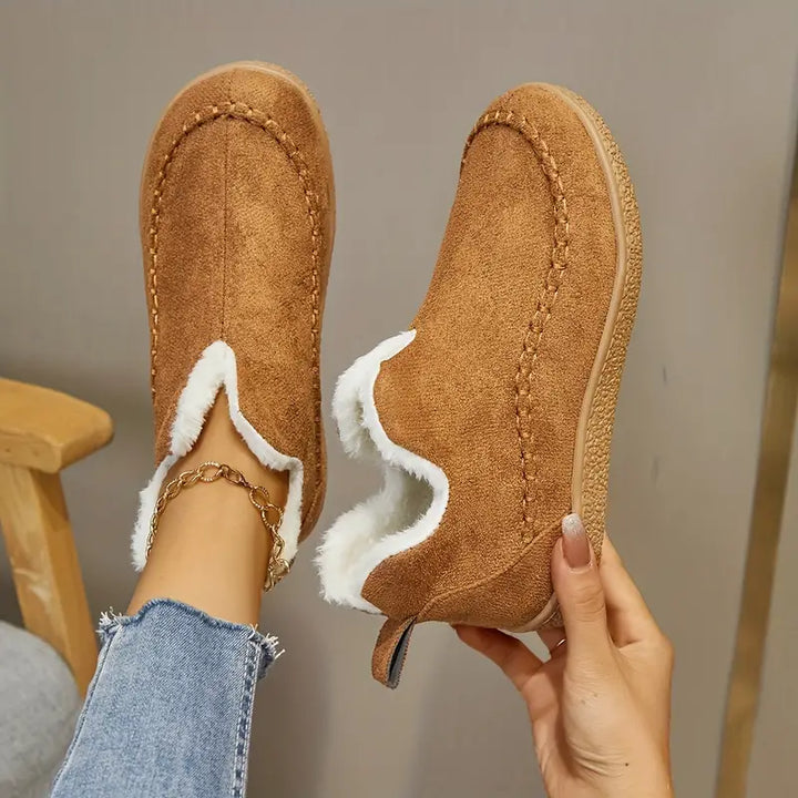Women's Warm Faux Fur-Lined Slip-On Ankle Boots for Winter in Brown