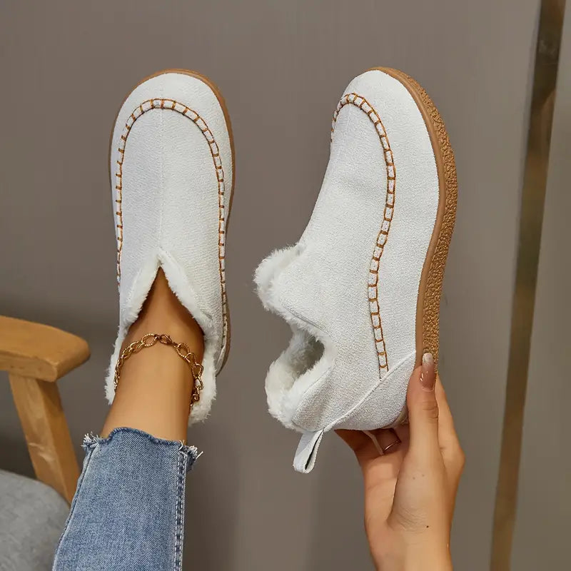 Women's Warm Faux Fur-Lined Slip-On Ankle Boots for Winter in White