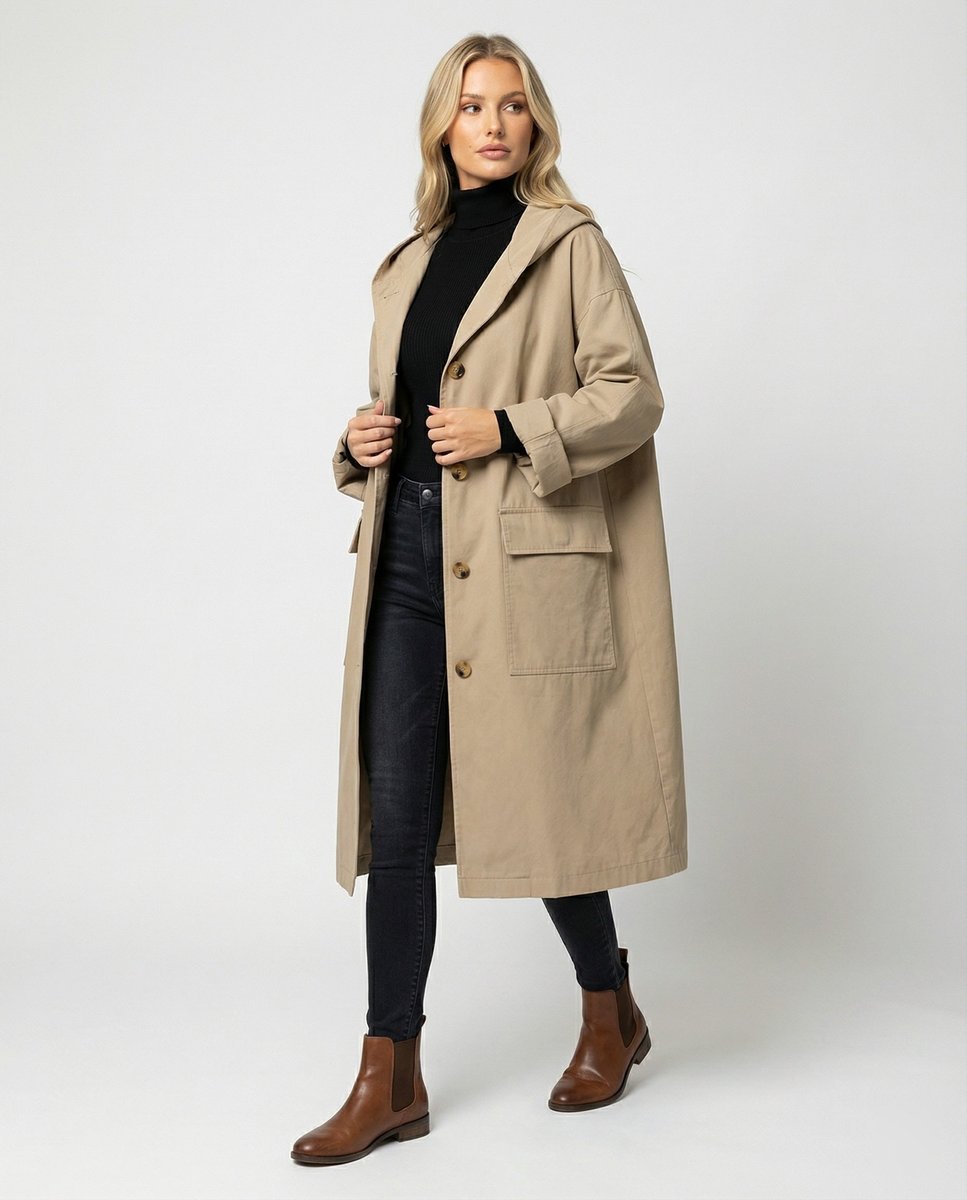 Women's Waterproof Trench Coat with Hood in Beige