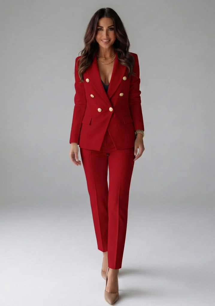 Women's Winter Coat Blazer and Tailored Trousers in Red