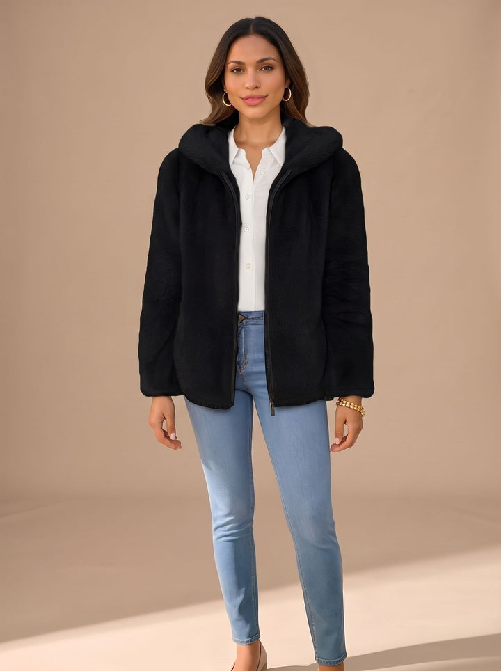 Women's Winter Coat in Plush Teddy Fleece in Black