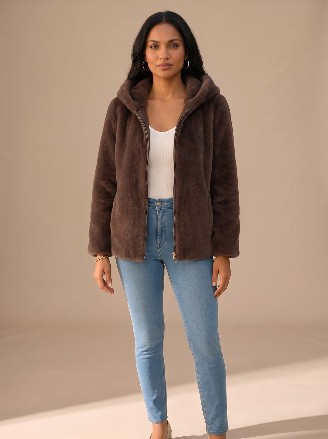 Women's Winter Coat in Plush Teddy Fleece in Brown