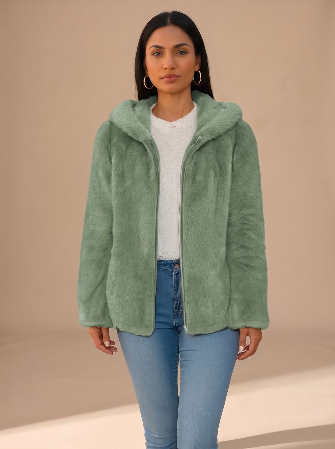 Women's Winter Coat in Plush Teddy Fleece in Green