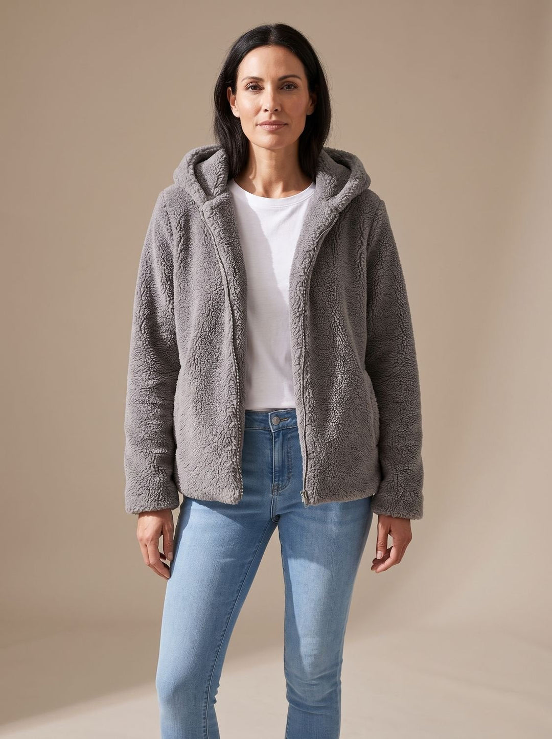 Women's Winter Coat in Plush Teddy Fleece in Grey