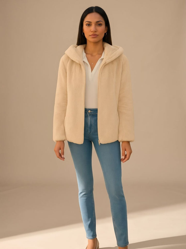 Women's Winter Coat in Plush Teddy Fleece in Light Brown