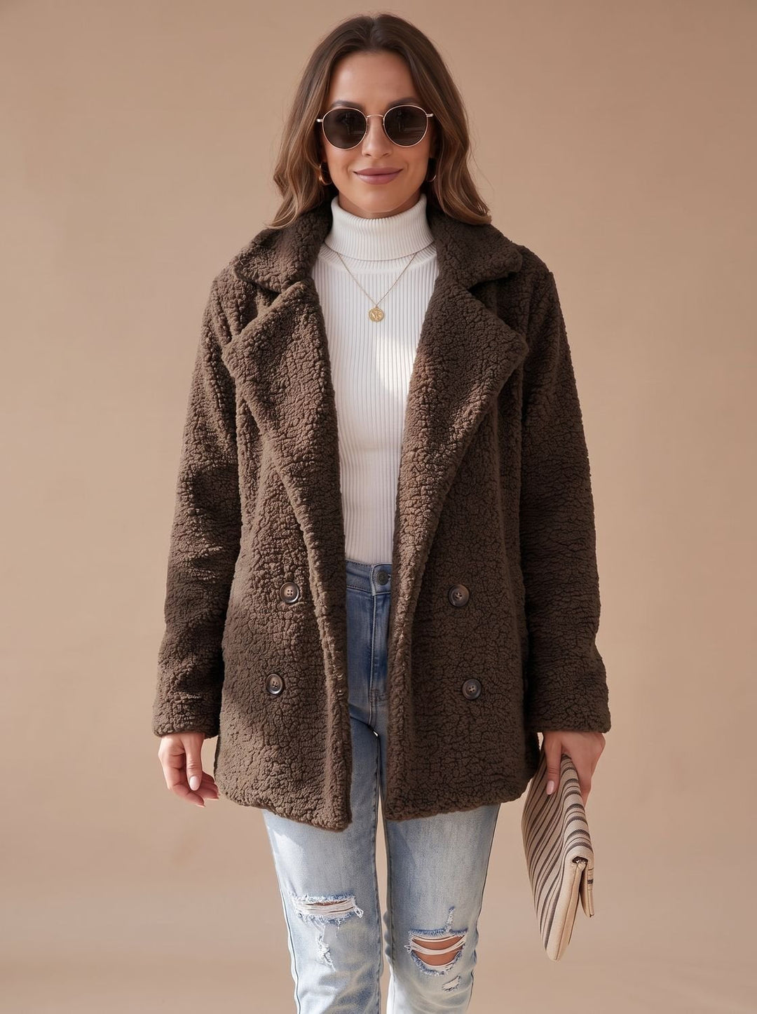 Women's Winter Coat with Soft Teddy Sherpa in Coffee