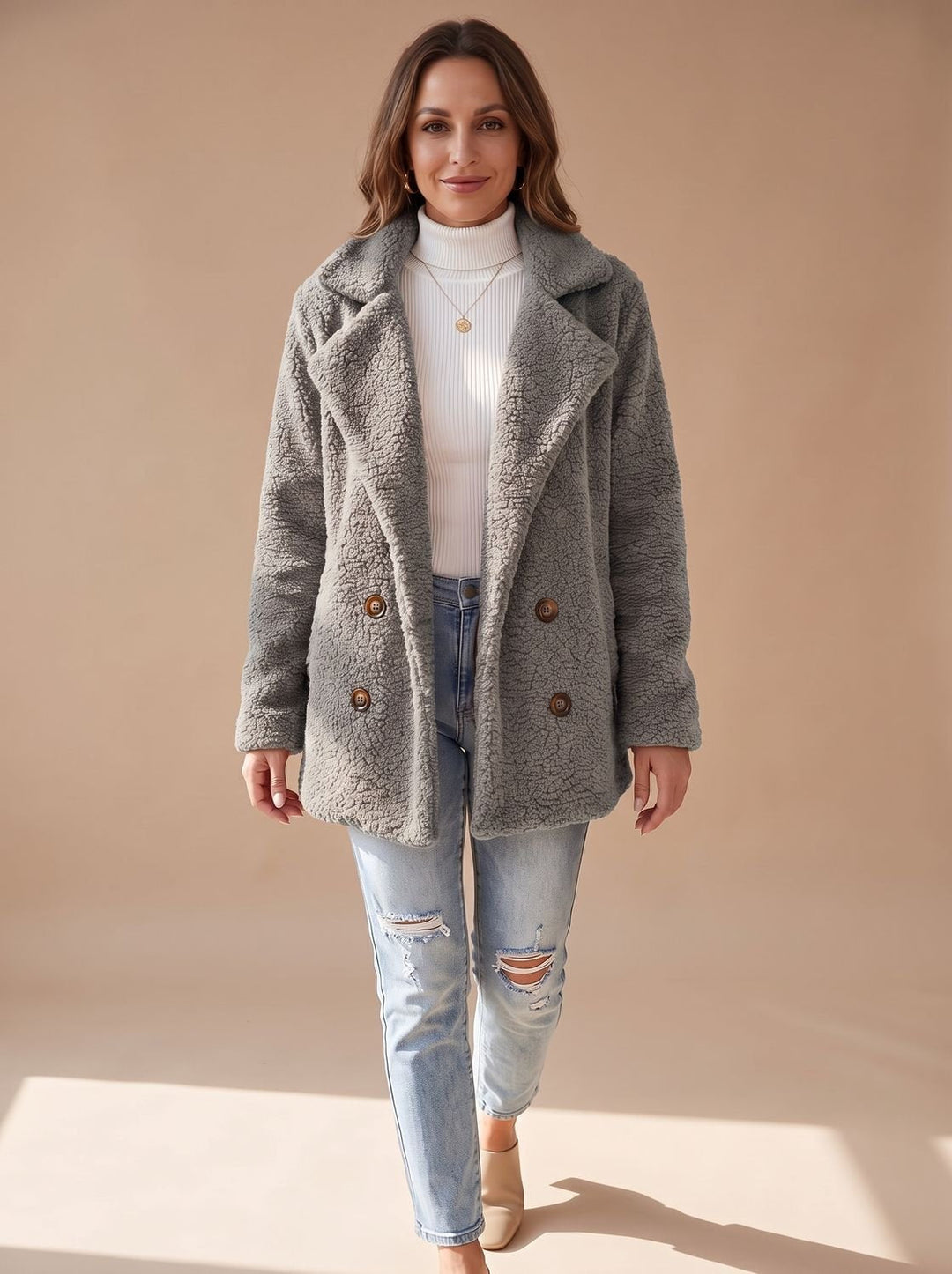 Women's Winter Coat with Soft Teddy Sherpa in Light Grey