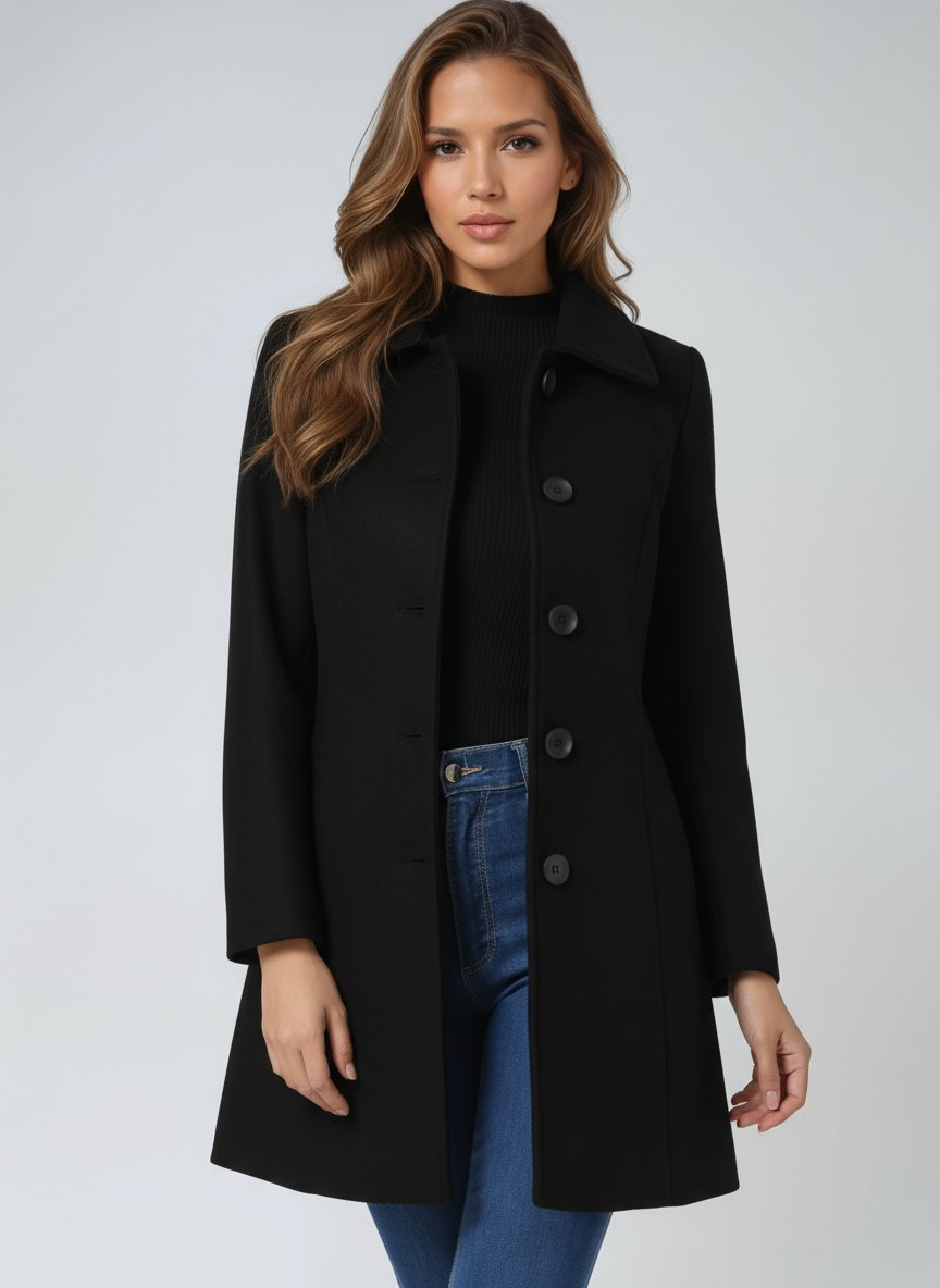 Women's Winter Coat with Tailored Mid-Length Silhouette in Black