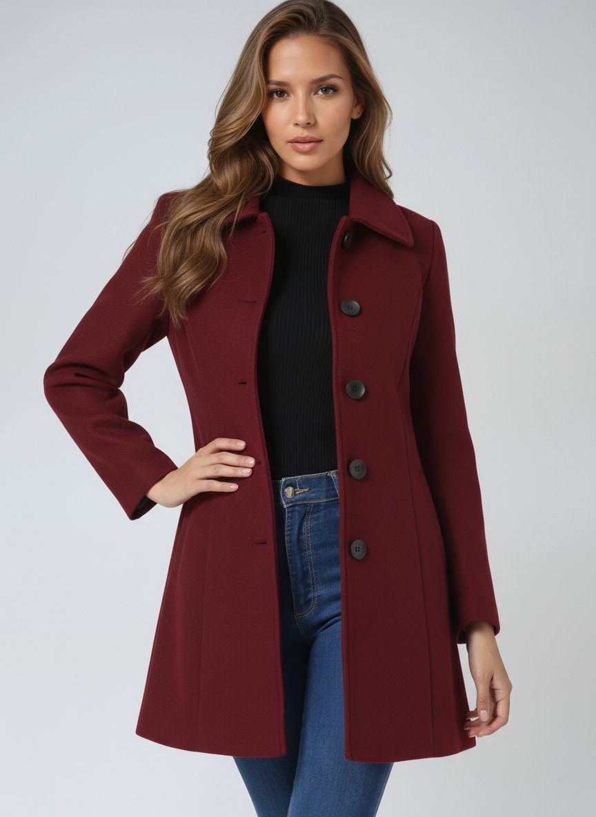 Women's Winter Coat with Tailored Mid-Length Silhouette in Dark Red