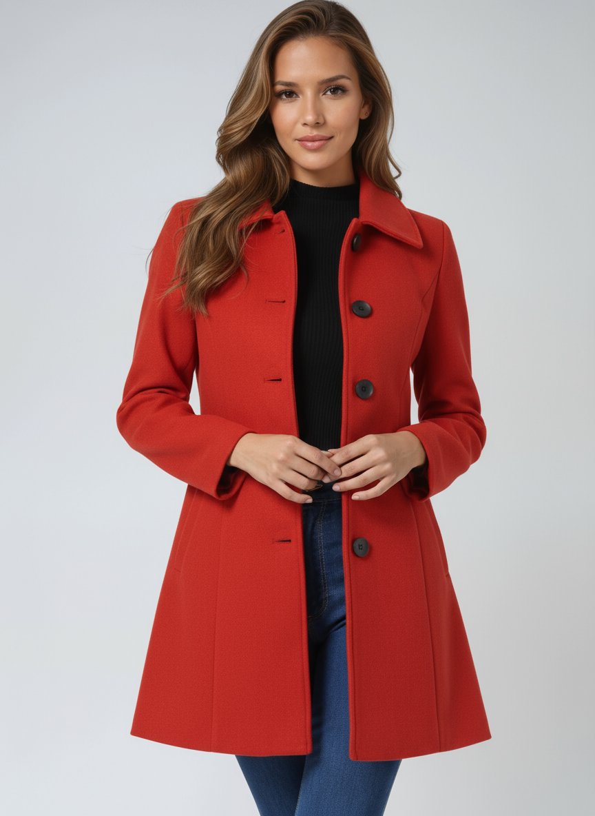 Women's Winter Coat with Tailored Mid-Length Silhouette in Red