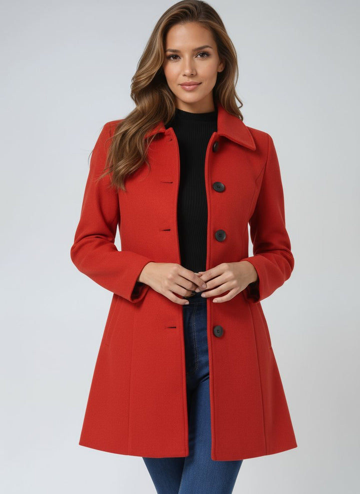Women's Winter Coat with Tailored Mid-Length Silhouette in Red