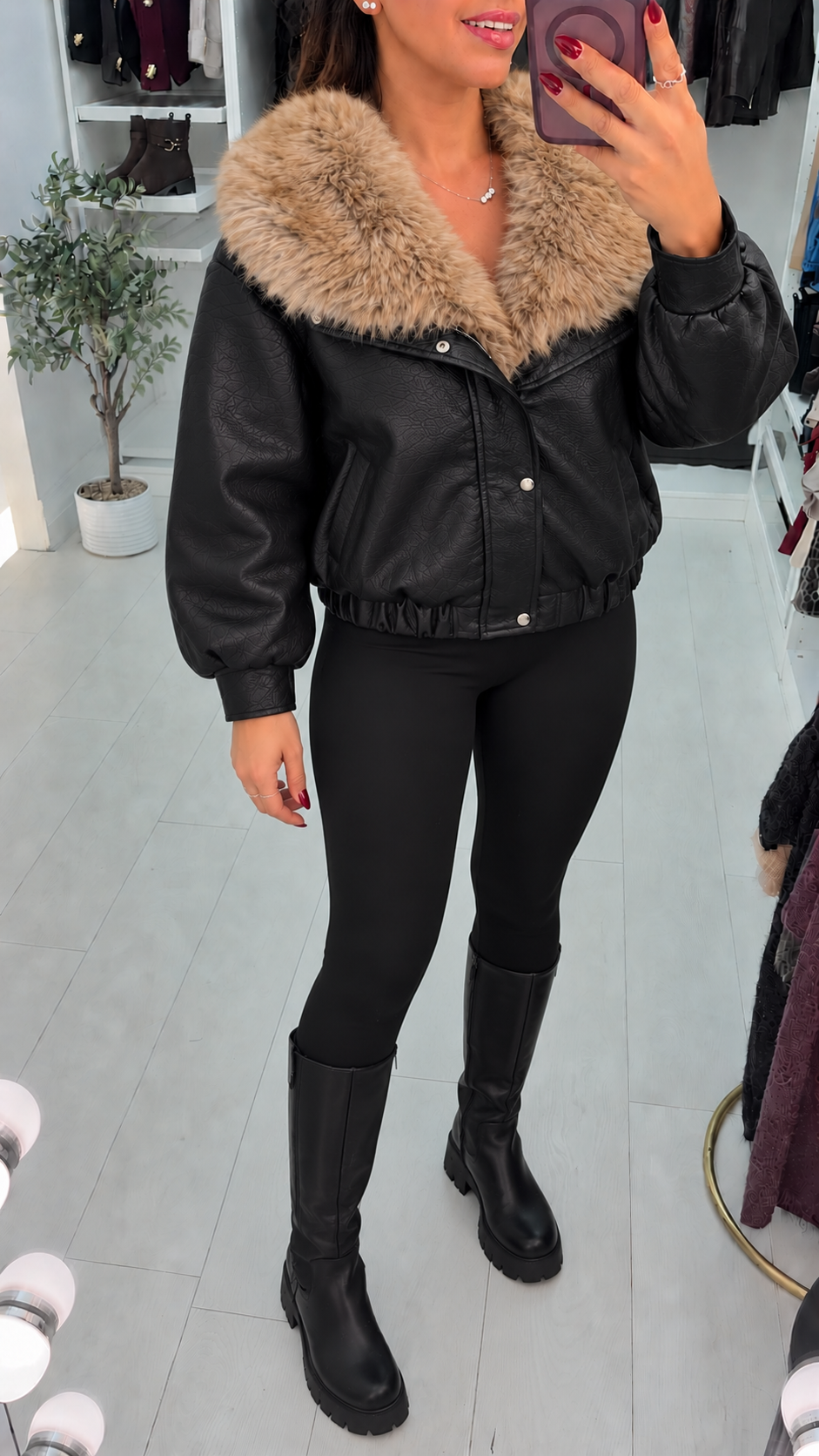 Women's Winter Leather & Faux Fur Trench Coat in Black