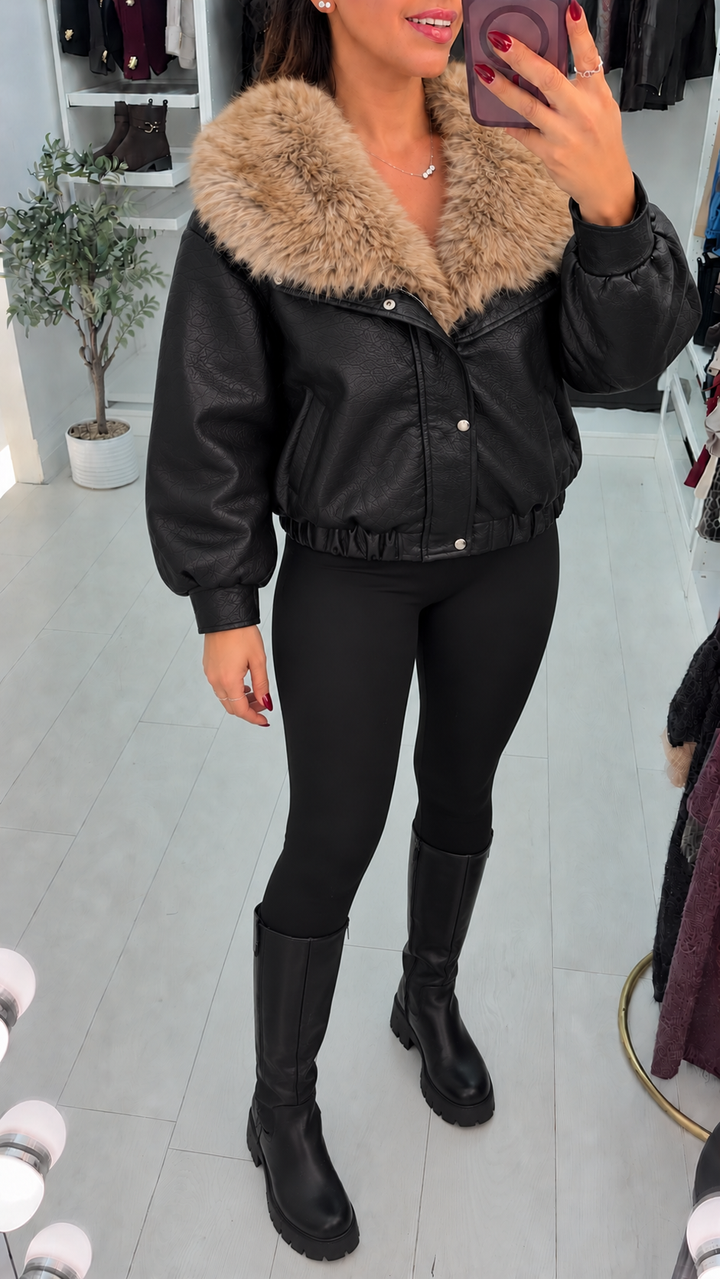 Women's Winter Leather & Faux Fur Trench Coat in Black