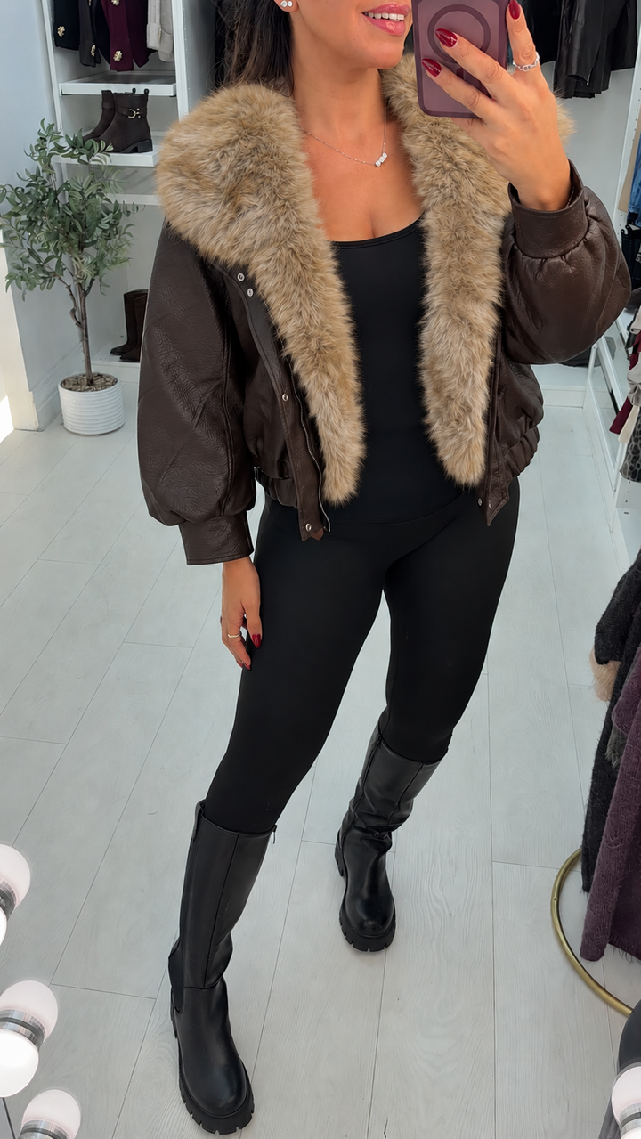 Women's Winter Leather & Faux Fur Trench Coat in Chocolate