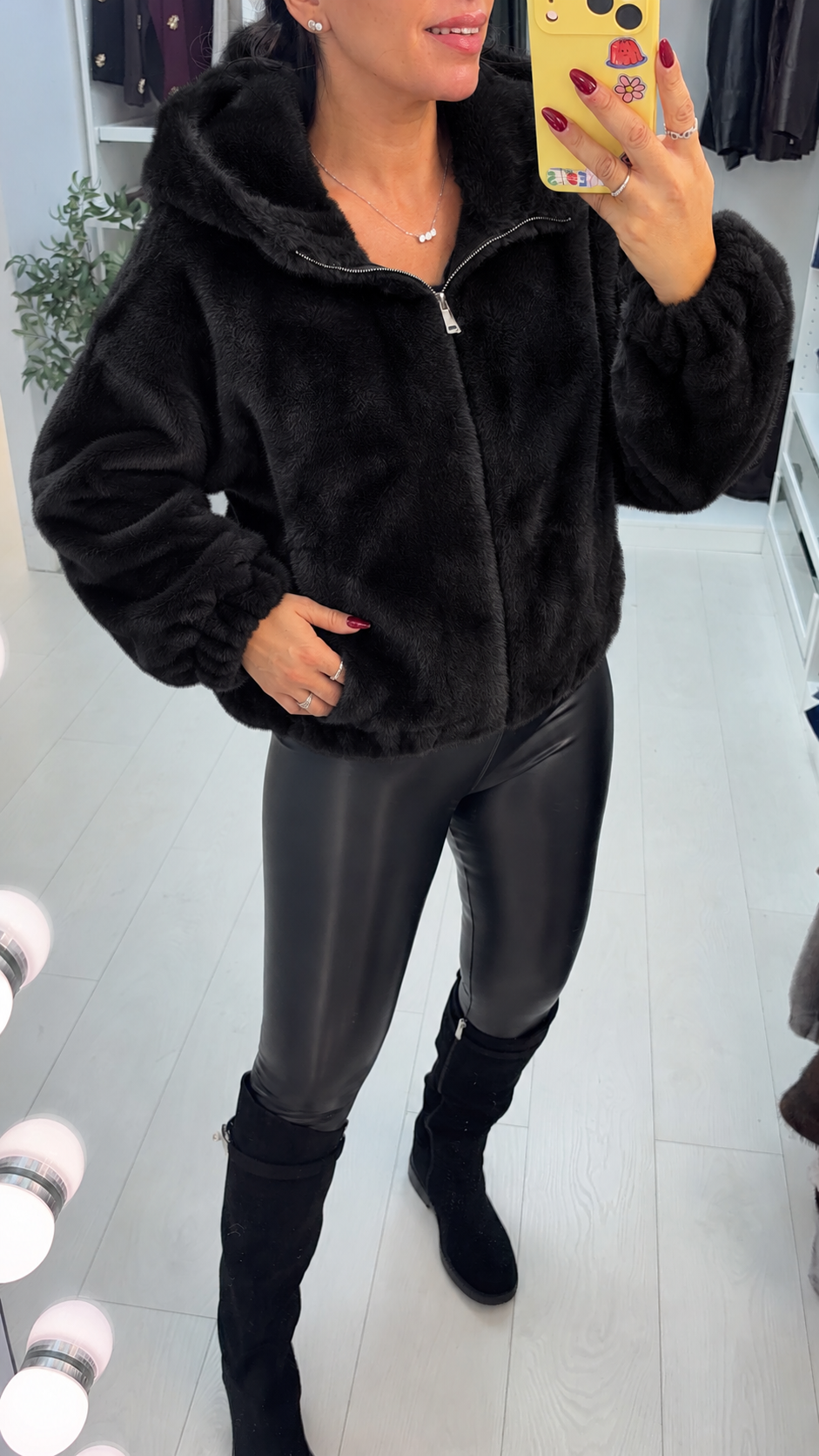 Women's Winter Trench Coat Hooded Faux Fur in Black