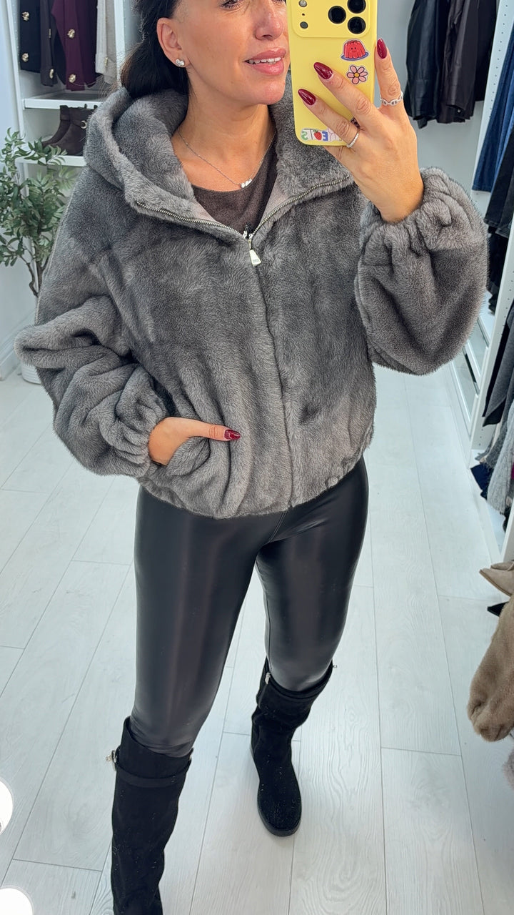 Women's Winter Trench Coat Hooded Faux Fur in Grey