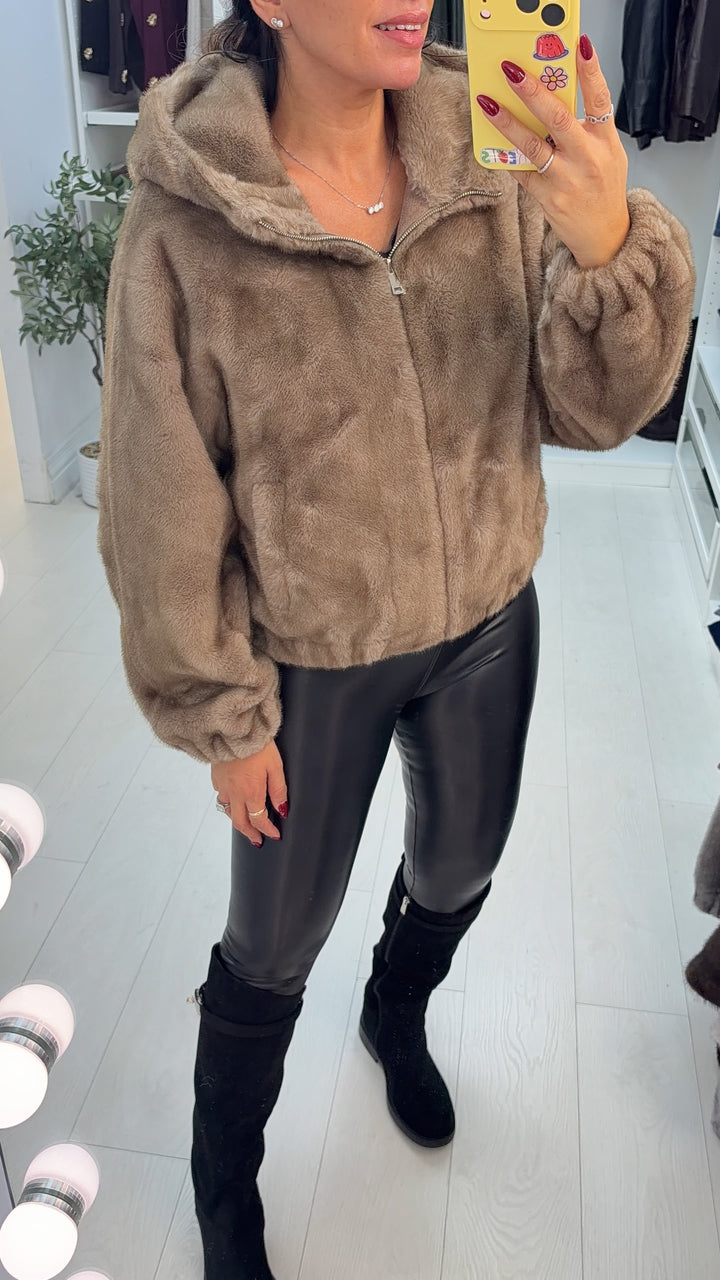 Women's Winter Trench Coat Hooded Faux Fur in Mocha