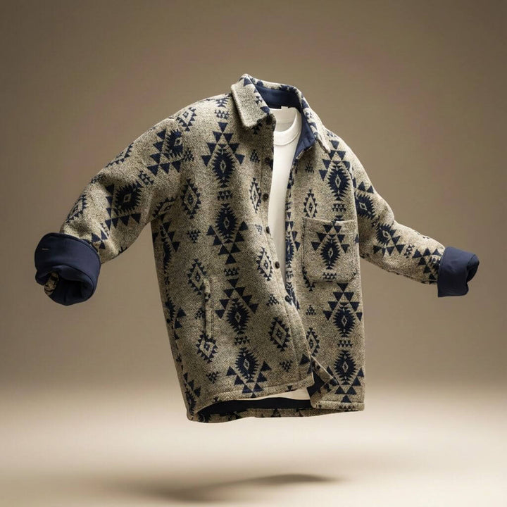 Women's Wool Trench Coat with Southwestern Flair in Beige Navy