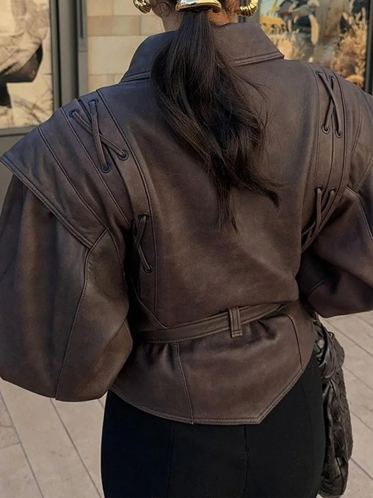 Women's Wrap-Front Leather Jacket with Structured Belt (2)