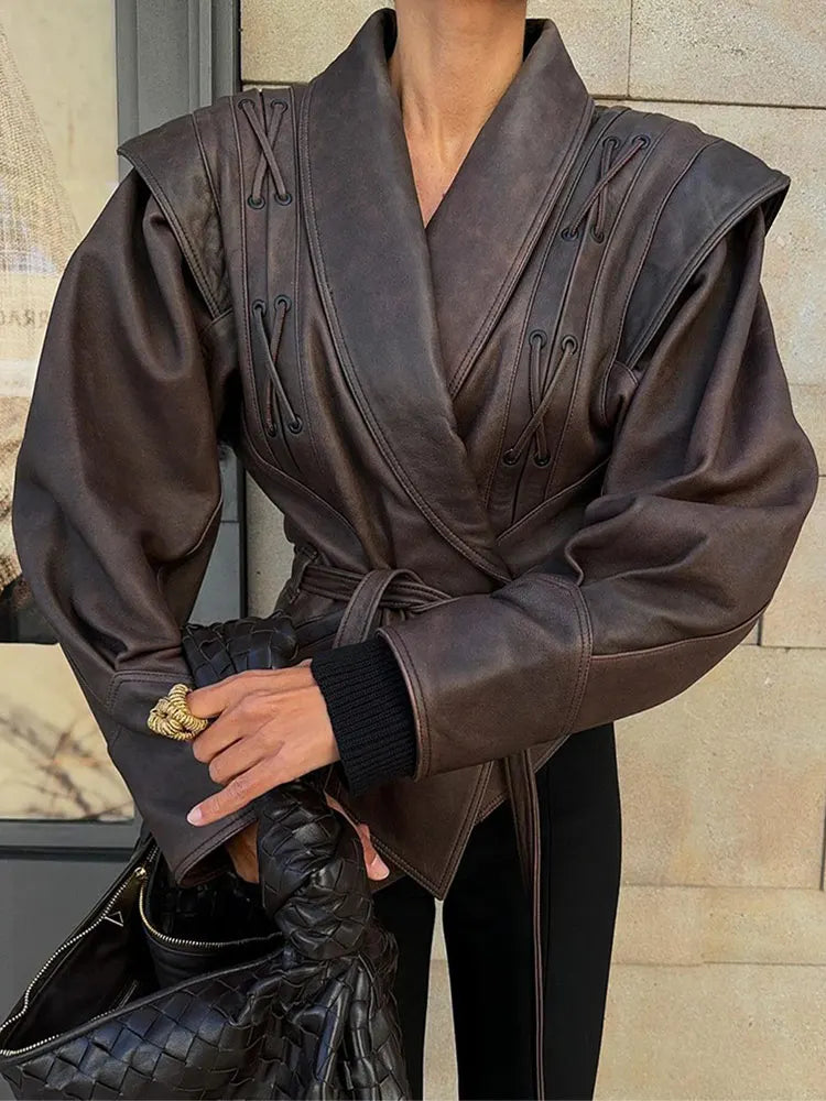 Women's Wrap-Front Leather Jacket with Structured Belt in Dark Brown