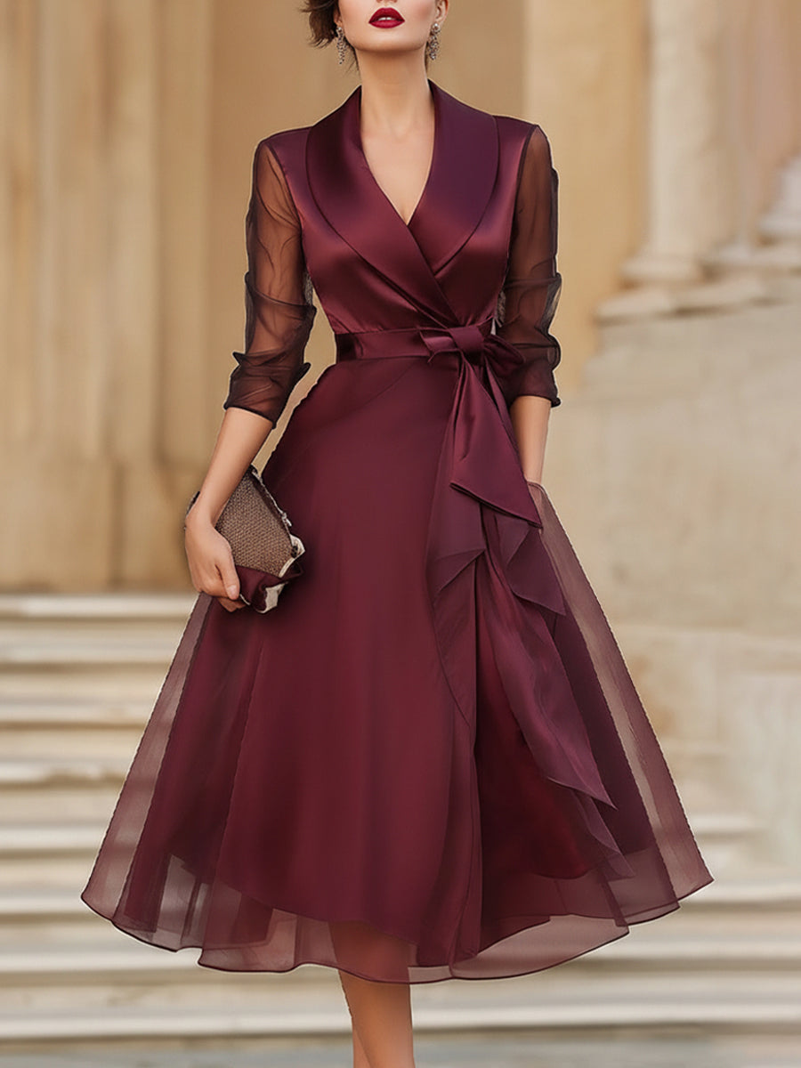 Women's Wrap Midi Dress for Evening Parties in Burgundy