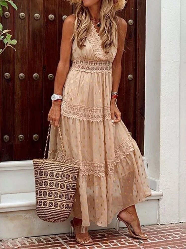 Zwiewna sukienka maxi boho na wesele w kolorze Beżowy
