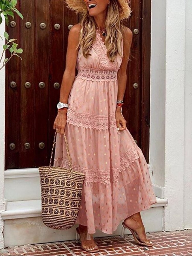 Zwiewna sukienka maxi boho na wesele w kolorze Różowy 1