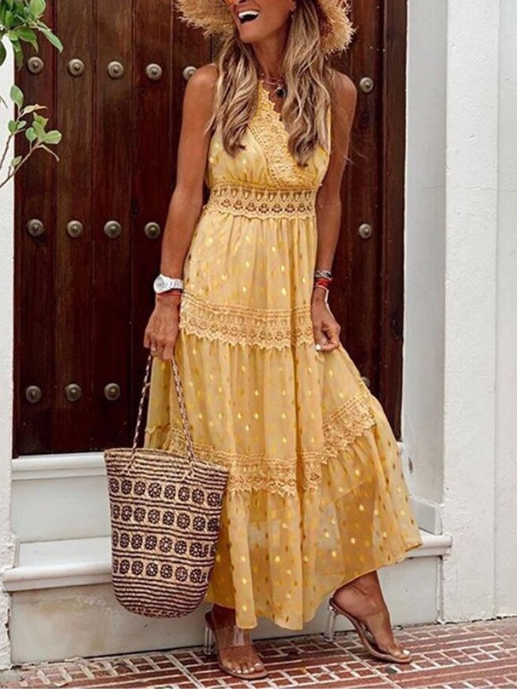 Zwiewna sukienka maxi boho na wesele w kolorze Żółty